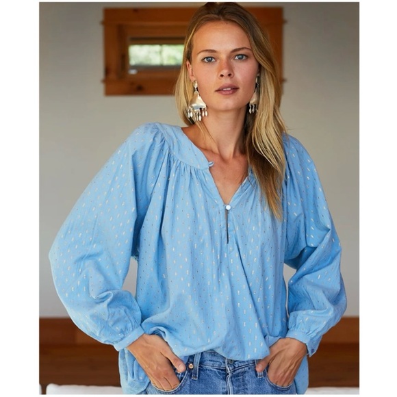 Emerson Fry Tops - Emerson Fry Light Blue Metallic Dot Peasant Blouse